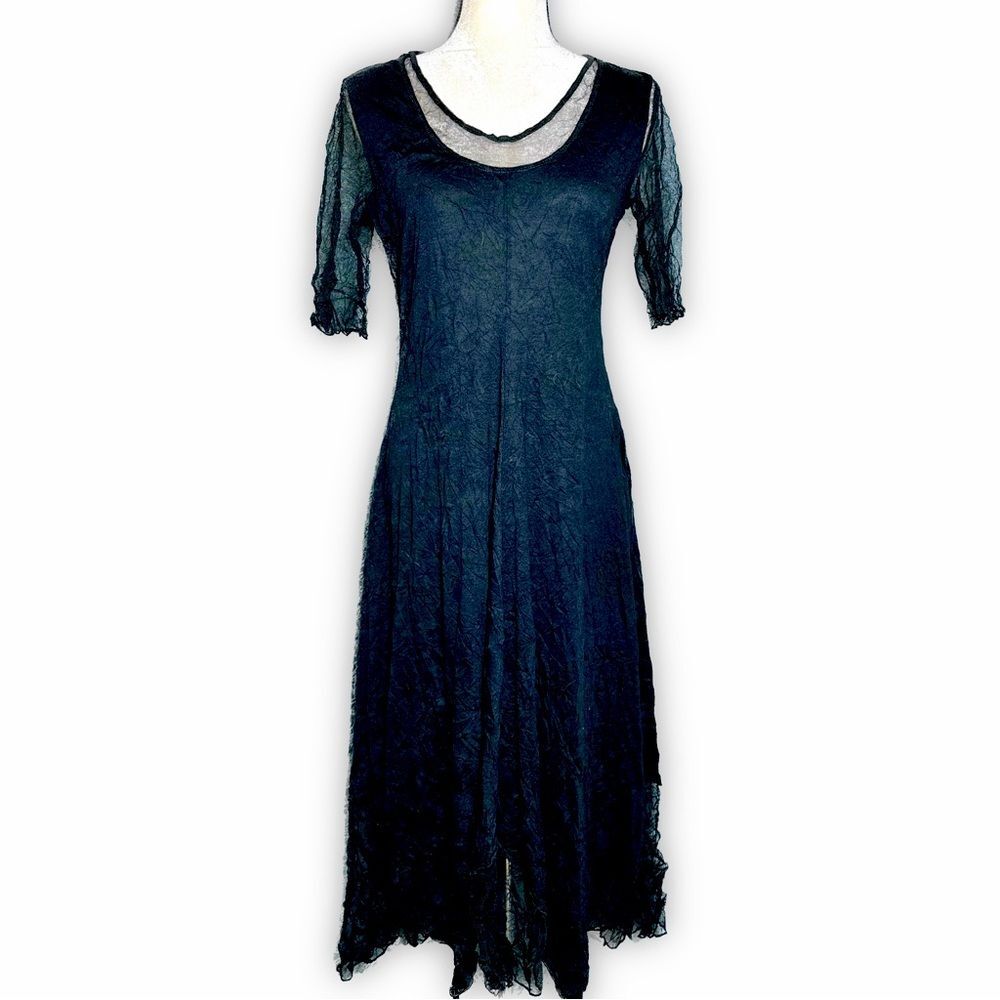 🌟 Alison Sheri Sheer Accented Flowy Black Midi Dress Sz S/M